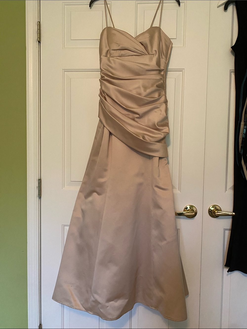 David's Bridal Champagne Strapless Ruched Satin Gown - size 6